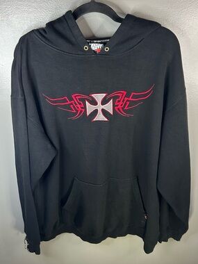 Vintage Y2K Top Heavy Embroidered Skater Grunge Black Hoodie Size Large